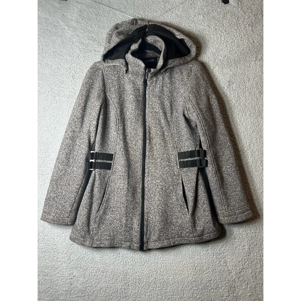 Liz Claiborne Jacket Womens Small Black White Tweed Hood Full Zip Outerwear Coat